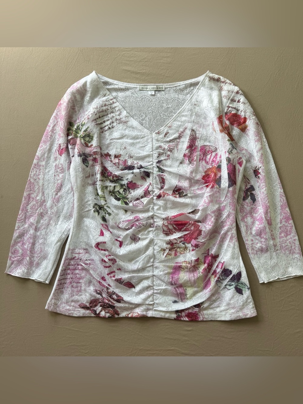 Vintage 90s Daniel Benjamin floral ruched mesh blouse